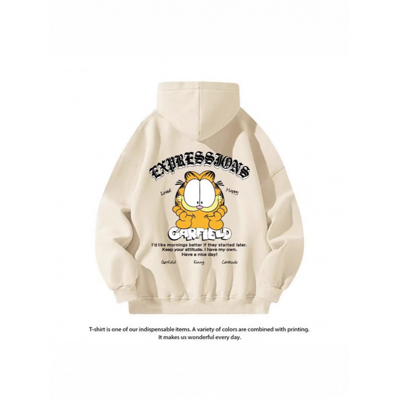 Silver fox plush American retro cartoon Garfield print hooded sweatshirt, unisex casual loose-fit autumn/winter top, trendy style Silver fox plush American retro cartoon Garfield print hooded sweatshirt, unisex casual loose-fit autumn/winter top, trendy style