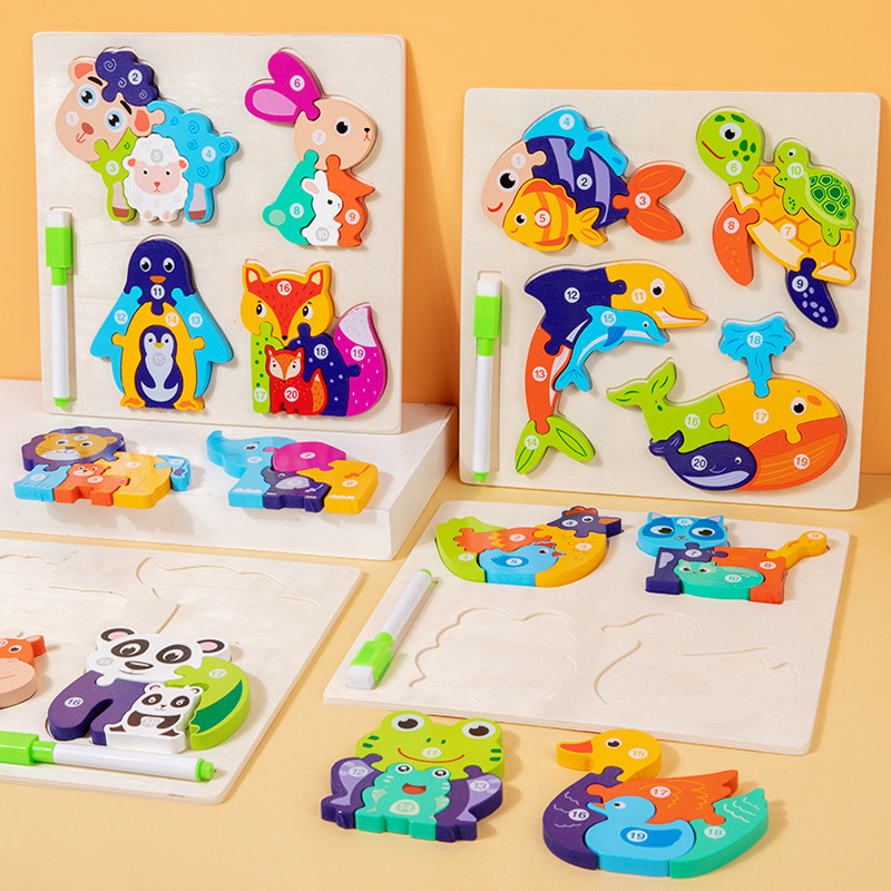 Puzzle de madera tridimensional de crecimiento tablero de dibujo dos en uno juguetes de bloques de granos para niños juguetes de madera de educación temprana