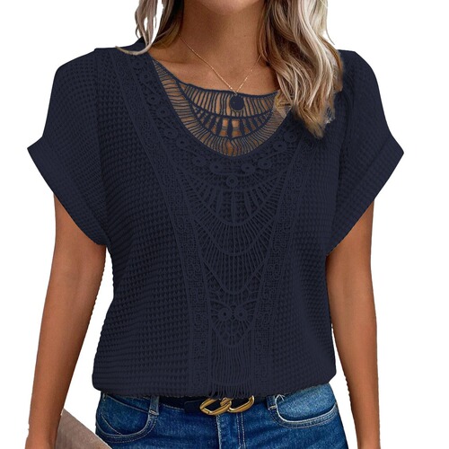 European and American Spring and Summer Independent Station Lace Patchwork Short Sleeve T-shirt Women's Clothing