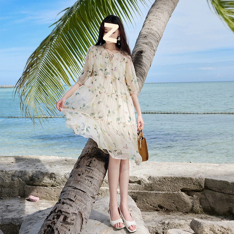 2025 лето новое корейское цветочное платье женское свободное мясо тонкое со средним рукавом сказочная пляжная юбка темперамент