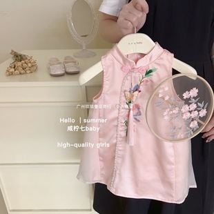 Girls Cheongsam dress Summer 2023 New Style Children's Guofeng Embroidered Hanfu Sleeveless Vest Princess Dress