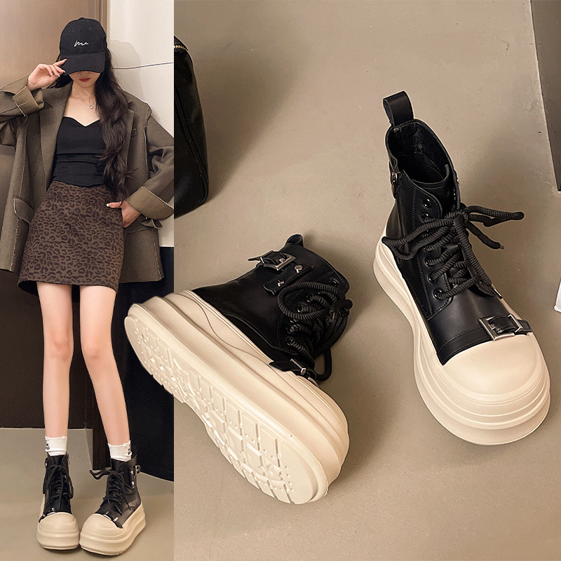 Soft Leather Casual Sports Maillard Brown Big-Toe Ugly-Cute Bread Height-Increasing Platform Thick-Soled Sneakers for Women