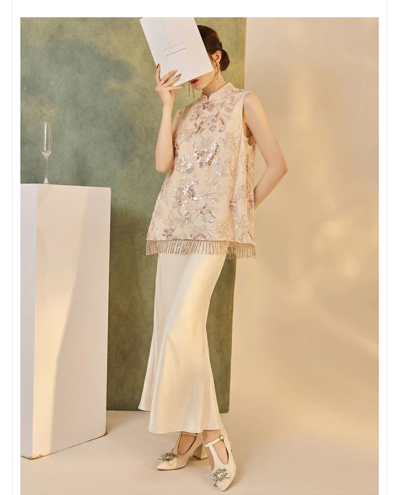 Áo gile nữ thêu sequin tua rua phong cách tân cổ điển xuân hè — xanh lam, màu mơ chi tiết 9