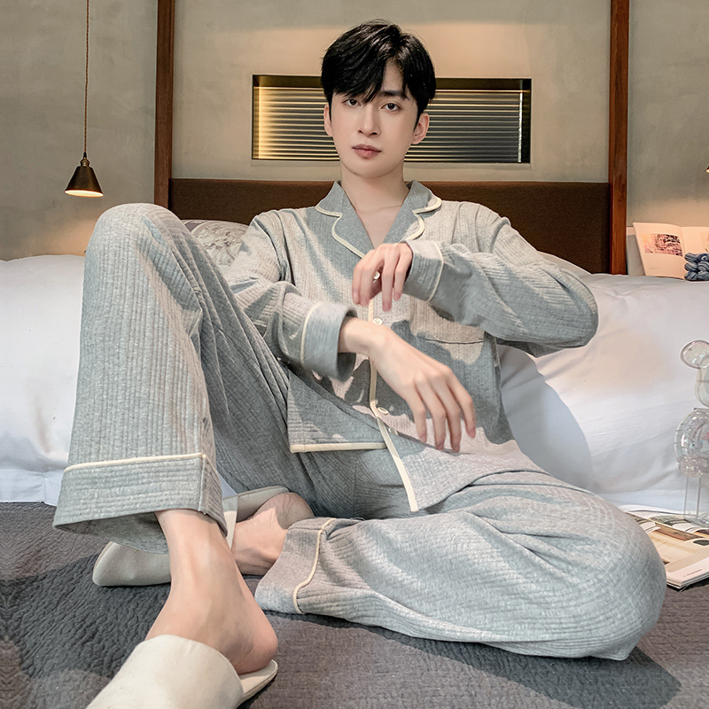 Men's Pajamas That Can Be Worn Outside 100% Cotton Long-Sleeved Spring & Fall Youth Stripesd Men's Large Size Home Wear Set