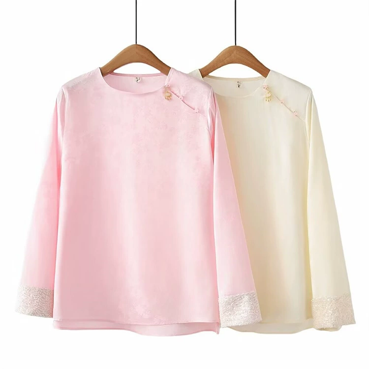 Женская одежда с круглым вырезом больших размеров 2024 Весенняя Новая мода молодая китайская жаккардовая вышитая рубашка с круглым вырезом и блестками 442