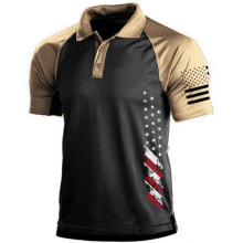 男式 Polo 衫短袖速干美国国旗印花图案分体颜色高尔夫衬衫