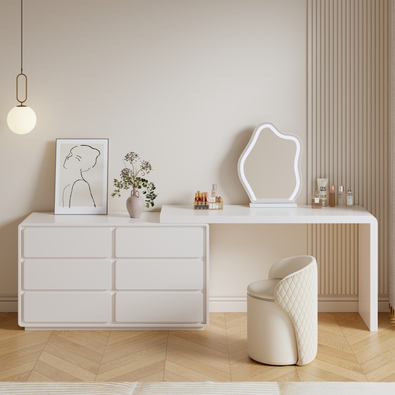 Comodador de madera sólida pintado dormitorio principal moderno simple cama de aire de crema cauda armario de maquillaje giratorio integrado