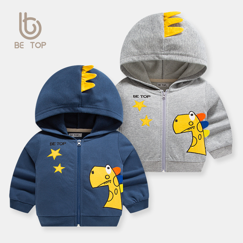 Abrigo de otoño para niños superior 2024 camisa de cremallera de bebé de algodón puro con capucha de dinosaurio de dibujos animados para niños nuevos