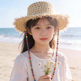夏季镂空大帽檐草帽女毛边木珠链条平顶渔夫帽出游氛围感儿童帽子