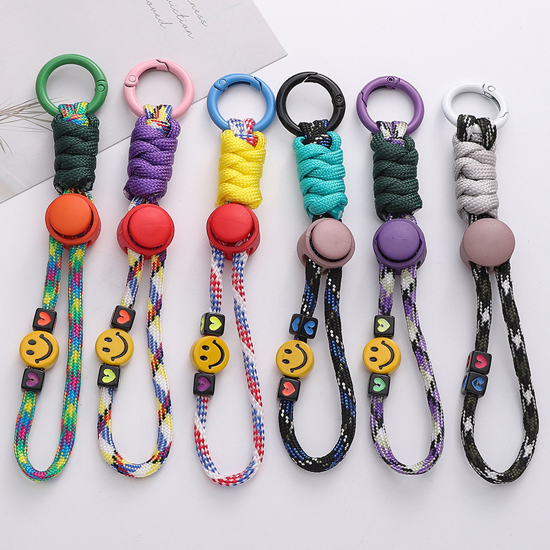 New Color-Blocking Woven Lanyard Children's Pendant Backpack Decoration Smiley Face Beaded Keychain Creative Phone Lanyard