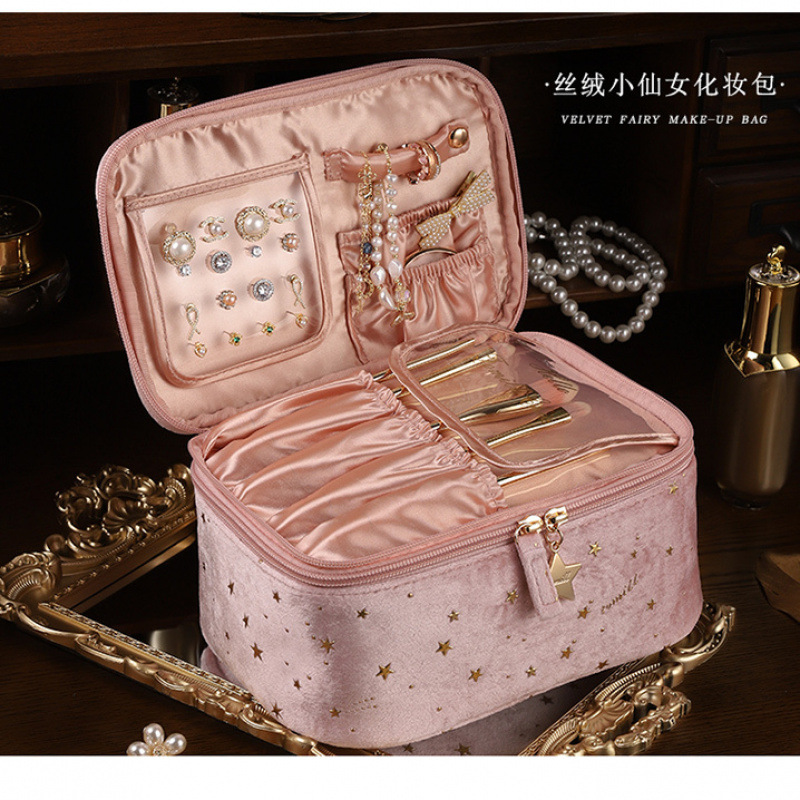Bolsa de maquillaje de gran capacidad portátil para salir grande 2025 bolsas de almacenamiento de maquillaje de terciopelo de viaje de mano para mujeres