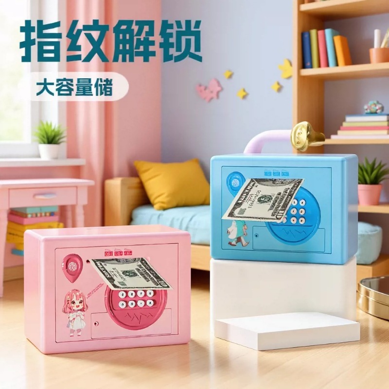 跨境新款儿童保险箱存钱罐保险柜投币储蓄罐指纹密码箱批发大容量