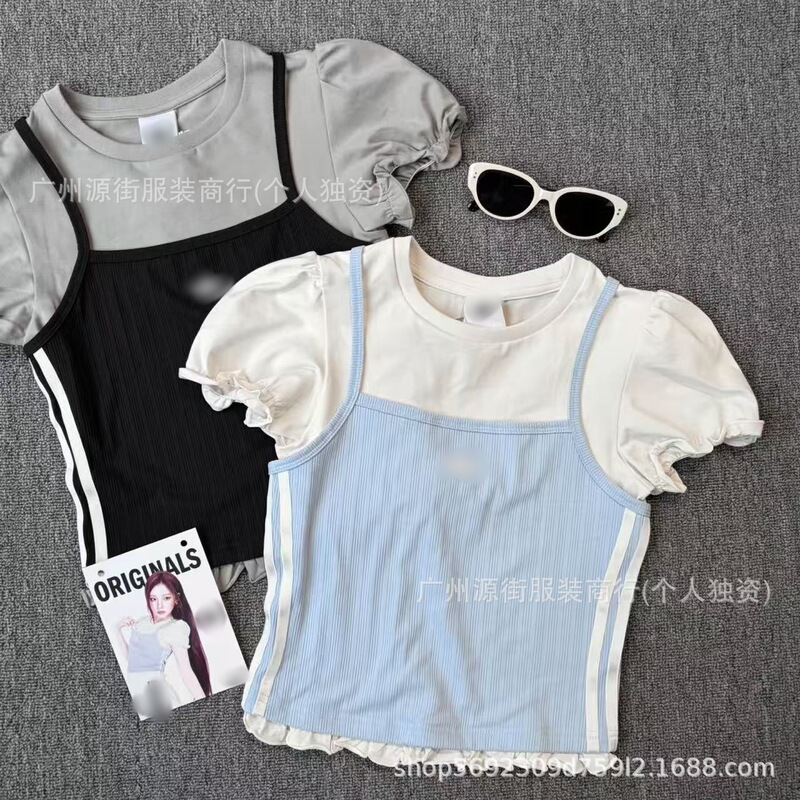 Song Yuqi Style Embroidered Patchwork Faux Two-Piece Camisole Slim-Fit Waist-Cinching Spicy Girl Pure Desire Style Short-Sleeve Top Song Yuqi Style Embroidered Patchwork Faux Two-Piece Camisole Slim-Fit Waist-Cinching Spicy Girl Pure Desire Style Short-Sleeve Top