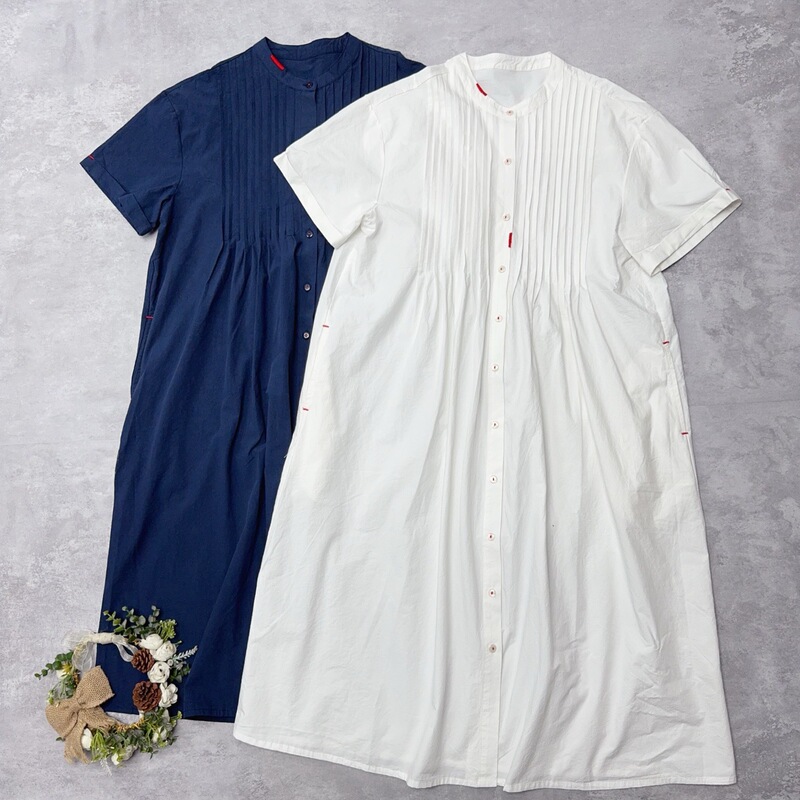 Pleated Open-Button Dress with Pockets, Japanese-Style Simple Mid-Length Dress, Pure Cotton Long Shirt, A-Line Dress, Robe for Women