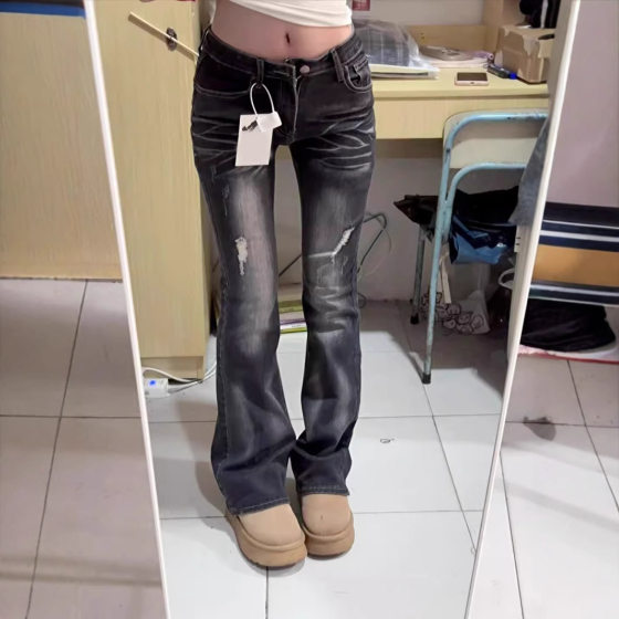Tall lengthened American-style Spice Girl Low-rise Weak Jeans Women's Spring and Autumn All-match Washed Old Slim-fit Mop Pants
