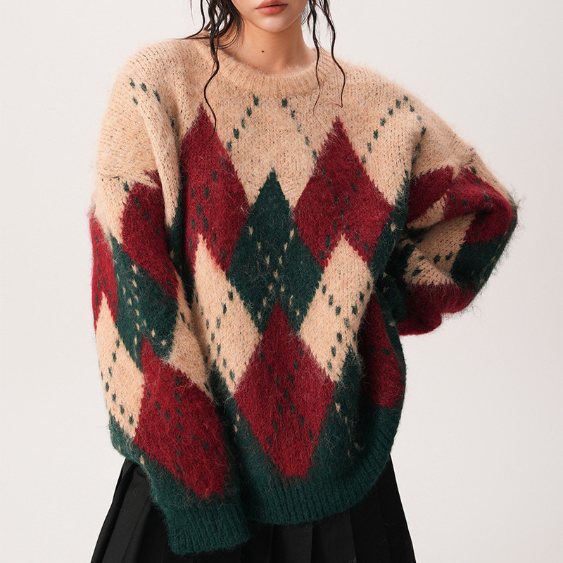 Christmas New Year American Retro Rhomboid Contrast Sweater Men's and Women's Autumn and Winter High-end Lazy Knitted Shirt Loose Top