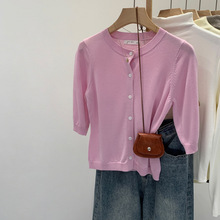 品牌折扣莱赛尔天丝羊毛圆领中袖针织开衫女2025新款早秋短款上衣