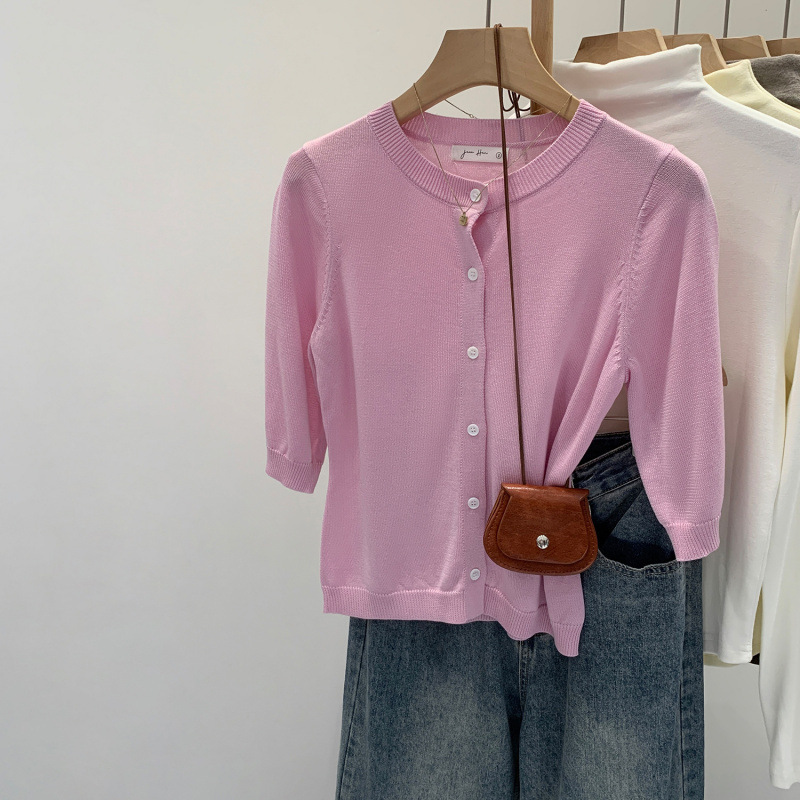 Brand Discount Lyocell Tencel Wool Round Neck Mid-Sleeve Knitted Cardigan Women's New Early Autumn Short Top