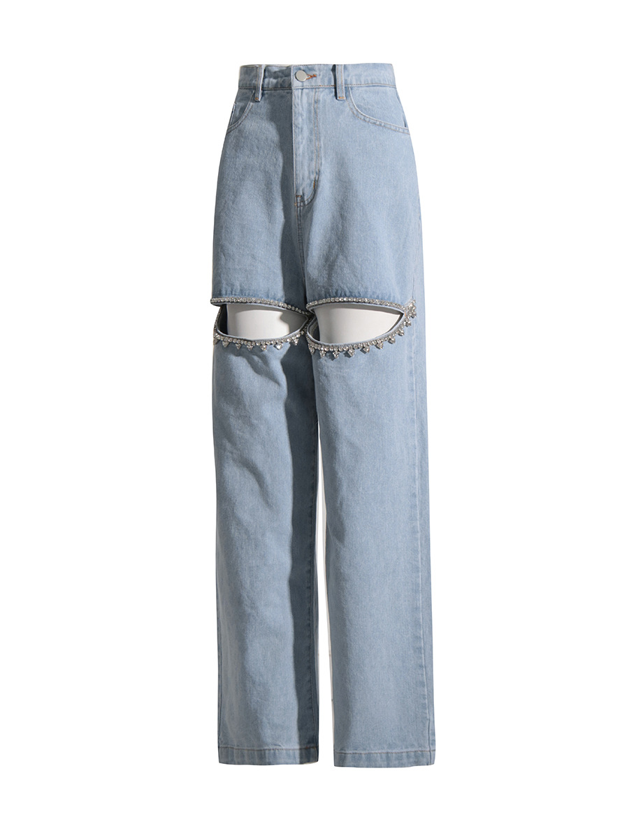 Vaqueros de nicho europeos y americanos, nueva colección primavera 2026, estilo largo de cintura alta con diseño hueco de pedrería, pantalones anchos de color liso para mujer.