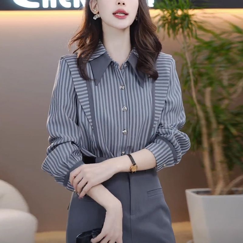 长袖条纹衬衫女士2025早秋季新款时尚减龄气质休闲显瘦设计感上衣|undefined