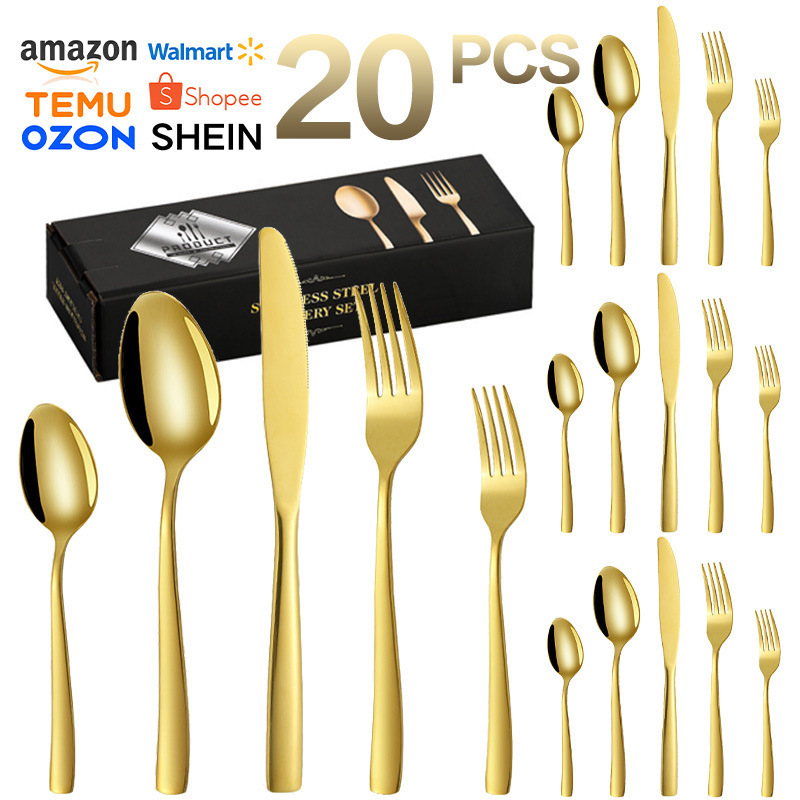 Vajilla de acero inoxidable con cuerpo desnudo de mango cuadrado TEMU transfronterizo para banquetes de boda hotel bistec cuchillo y tenedor comida occidental cuchillo, tenedor y cuchara juego de 20 piezas