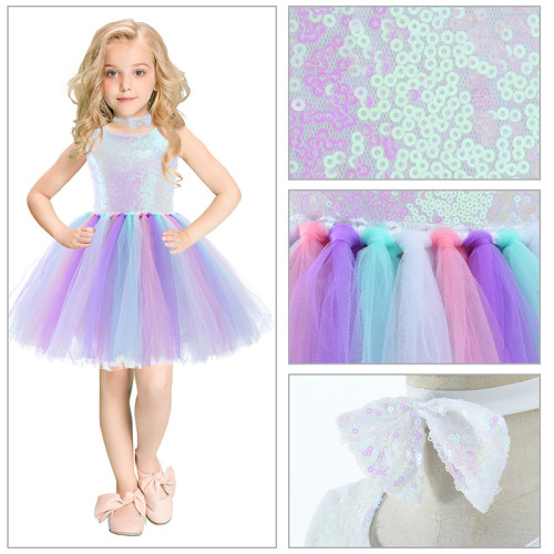 Colorful rainbow sequined jazz dance dresses for kids baby Piano performance  skirts girls birthday party rainbow children gauze ballet tutu skirt