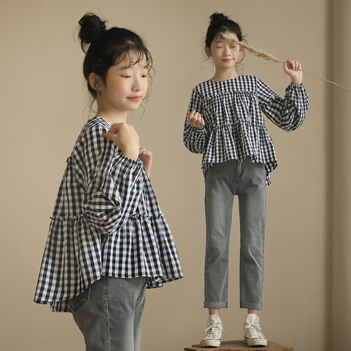 Japanese-style literary long-sleeved doll shirt, cotton, autumn and winter, medium and large women's children, black and white checkered top, loose, petite shirt, cross-border