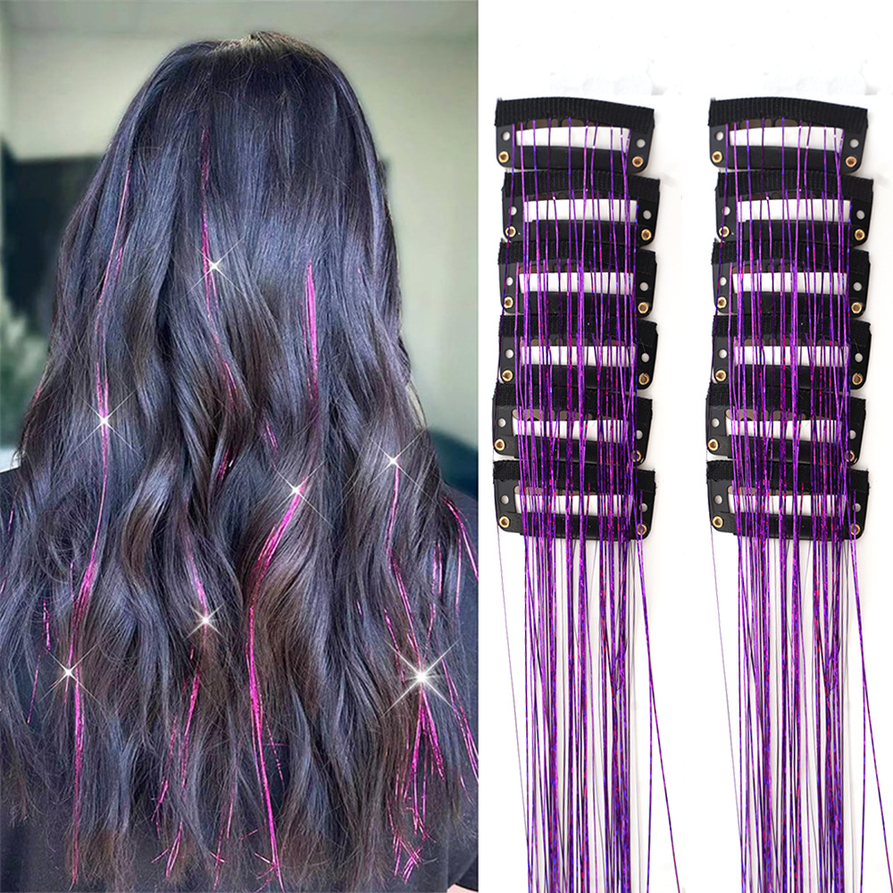 12 Stück Goldene Kunsthaar Extensions Glänzend Bunte Strähnen_voghion.com