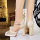 9899-H116 Thick Heels Women's Waterproof Platform Suede Bow Square Head Versatile Straw Hollow Single Shoe