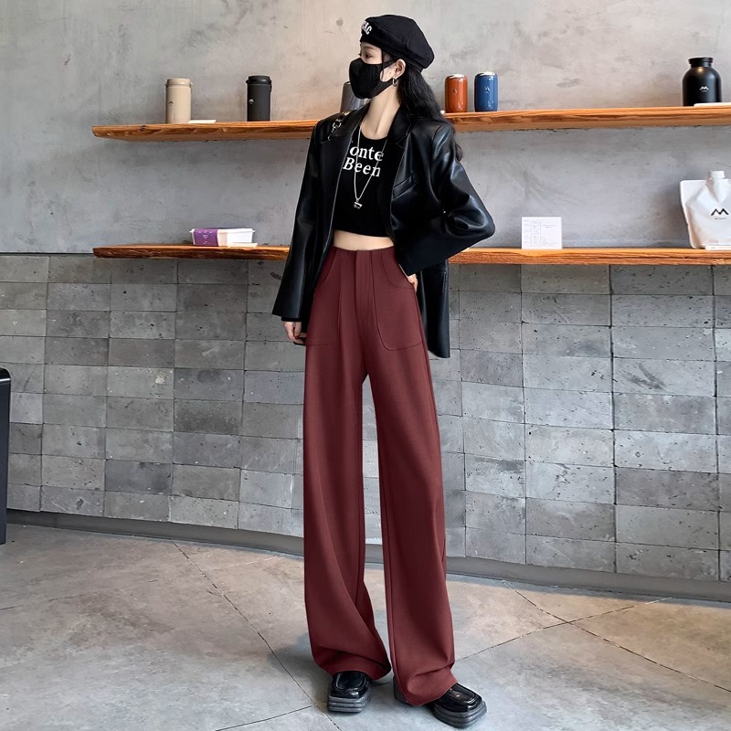 Ángora pantalones de traje rojo para mujeres 2024 otoño nuevo estilo de alto nivel sensación de pluma sensación de pluma variedad de pantalones de piernas anchas