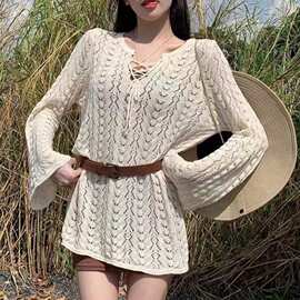 奶油系穿搭温柔韩系风抽绳上衣百搭罩衫宽松甜美薄镂空毛衣图片色