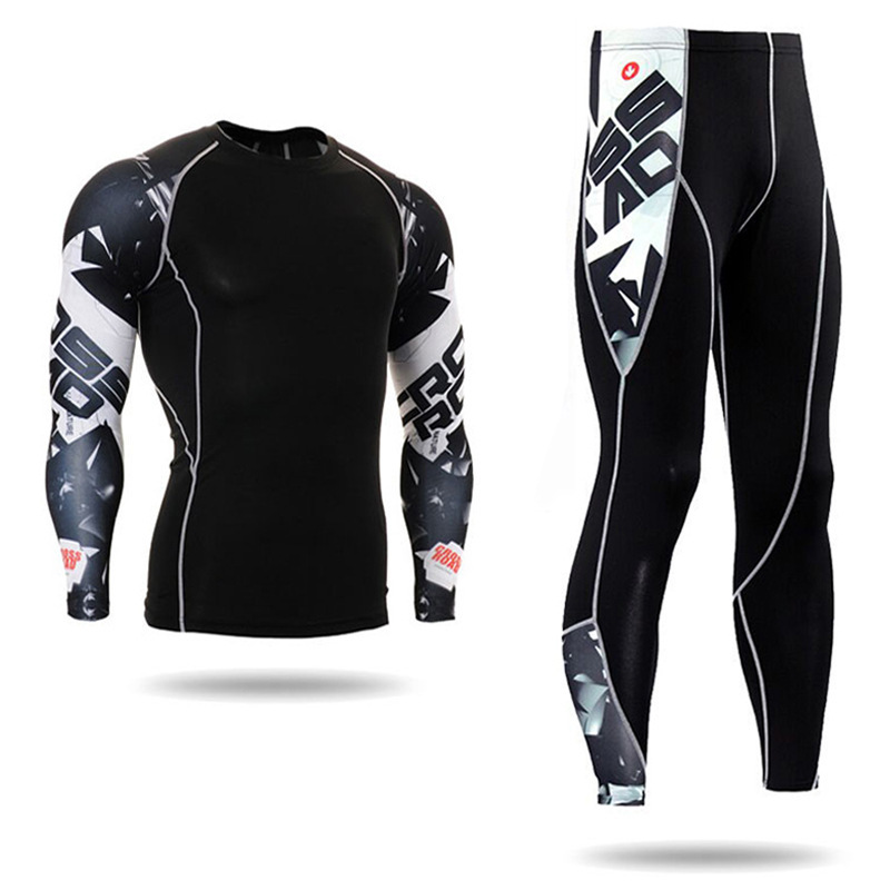 European and American Large Size Printed T-Shirt Sports Pants Quick-Drying Bodysuit Long-Sleeved Training Clothes Men's Sports Fitness Suit