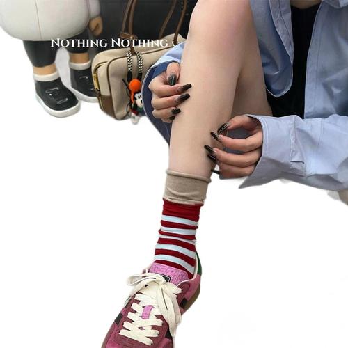 Patterned Socks for Women, Spring and Autumn Pure Cotton Medium Cuff Socks, Double Ribbed Color Block Pile Socks for Women, Ins Trendy Long Cuffs to Match Dresses