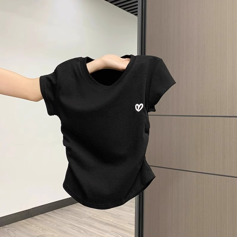 バーガンディ右肩半袖Tシャツ女性用2025新作夏デザインプリーツウエスト痩身ショートトップ|undefined
