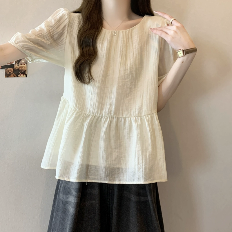 Французская шикарная шифоновая рубашка с круглым вырезом для женщин летом, большой размер, слегка полная мм, стройнящая, закрывающая живот, красивый короткий топ