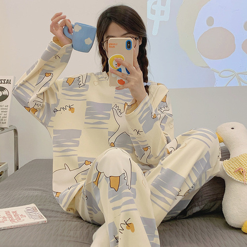 Women's cartoon thin casual round neck pajama set with long sleeves and pants, suitable for cross-border spring and autumn seasons, can be worn outside.