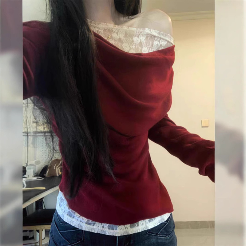 Pure Sexy Design Sense Lace Swing Collar Base Shirt Women's Early Autumn Elegant Slim-fit Slimming Red Long-sleeved Top