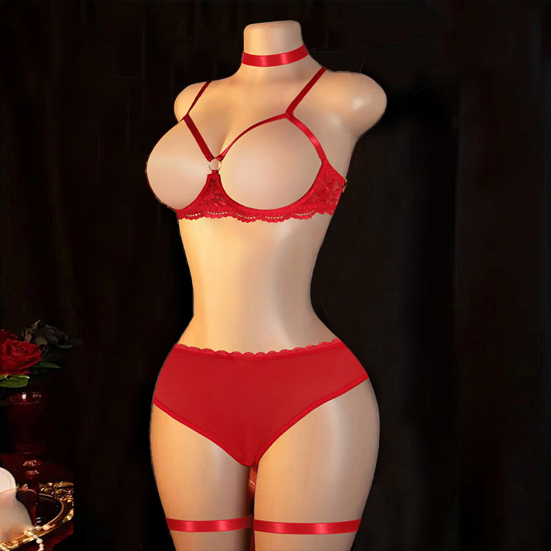 오픈 컵 브라 + 메쉬 브리프 + 레그 링 및 넥 링