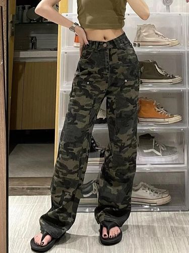 American hiphop camouflage overalls for fat mm women summer loose straight casual pants slimming high waist wide leg pants trendy