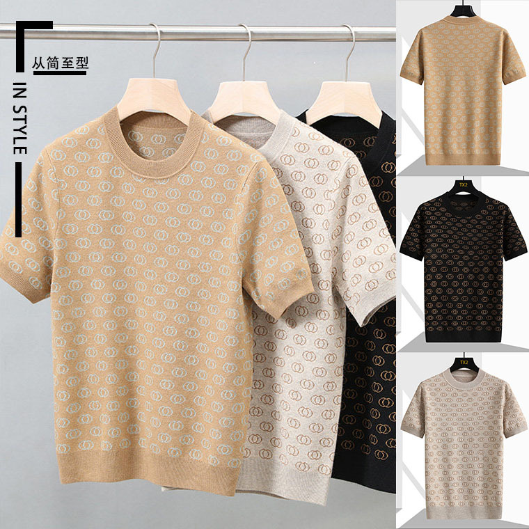 Camisas de punto de estilo antiguo camiseta de manga corta hombre impresa jacquard cuello redondo de negocios de hielo de verano fábrica transfronteriza al por mayor