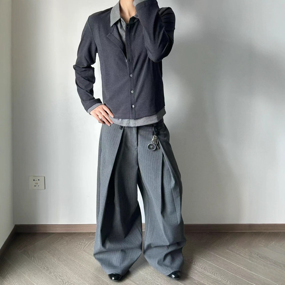 高智感灰色假两件拼接西装式针织开衫男秋季冷淡系高级感短款外套