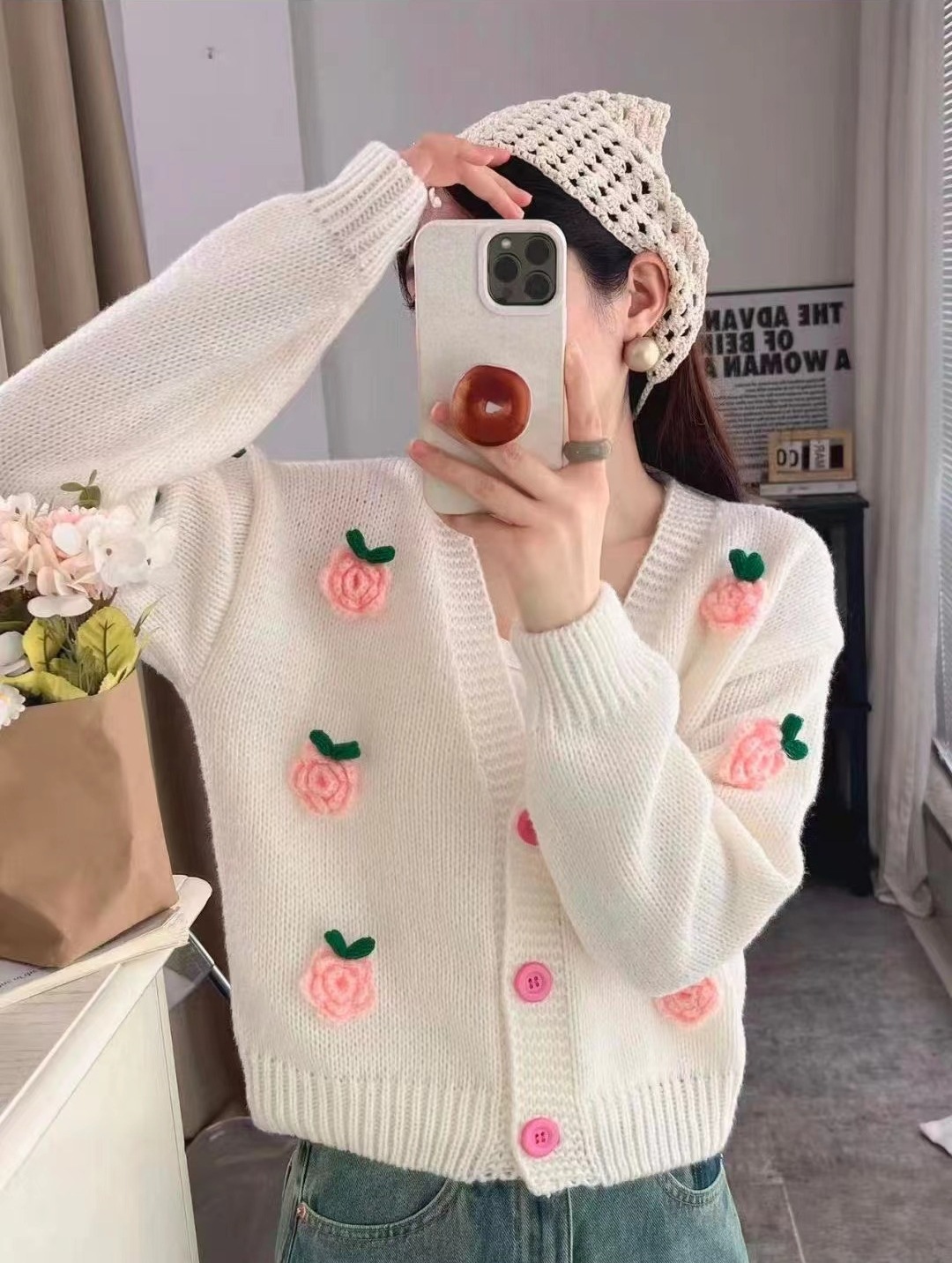 Correo romántico flor tridimensional cardigan de punto otoño y invierno nuevo estilo retro estilo estilo exterior suéter exterior abrigo mujer image 7