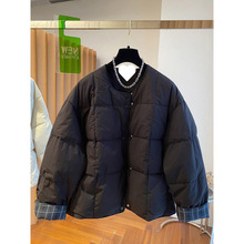 韩国韩版超好看无领棉服女冬季2024新款宽松格子拼接圆领夹棉外套