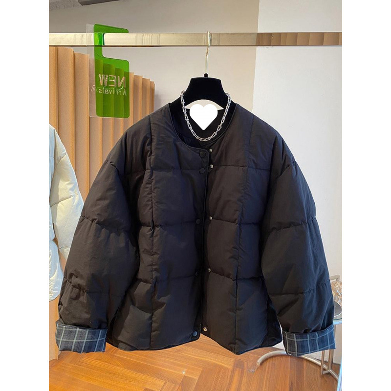 韩国韩版超好看无领棉服女冬季2024新款宽松格子拼接圆领夹棉外套