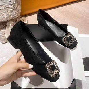 French-Style Rhinestone Chunky Heel High-End Women's Shoes 2025 New Summer Square Toe Shallow Mouth Elegant High-Heeled Commuting Shoes