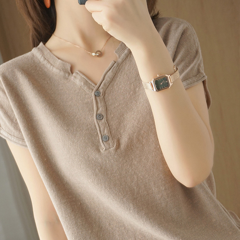 New Cotton and Linen Tops Knitted Short-Sleeved Women's V-Neck Cotton T-Shirt Large Size Korean Style Bottoming Shirt Summer Half-Sleeved