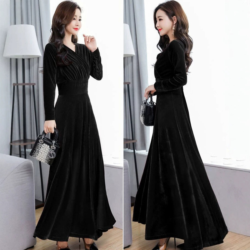 2025 Spring, Autumn and Winter New Gold Velvet Dress Long Slim Elegant Long-Sleeved Large Size Autumn Women's Long Skirt