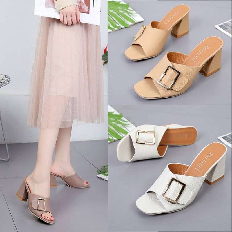 Korean Style Thick Heel Outer Wear Medium Heel Sandals Summer Women's Korean Style High Heels Fashionable Versatile Open Toe Flip Flops for Women
