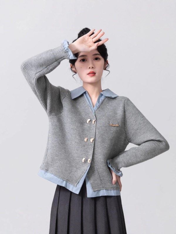 假两件POLO领毛衣女春秋2025新款学院风拼接针织开衫外套短款上衣|undefined