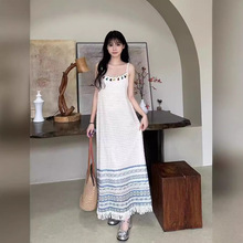 正版品质民族风云南特色西部旅行新款针织流苏显瘦轻复古蓝色长裙